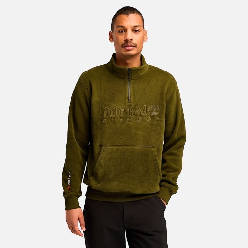 Timberland Men Clothing-Mens Linear Logo Quarter Zip Polartec® Fleece Sweatshirt- TB0A6Y5T302-black timberland